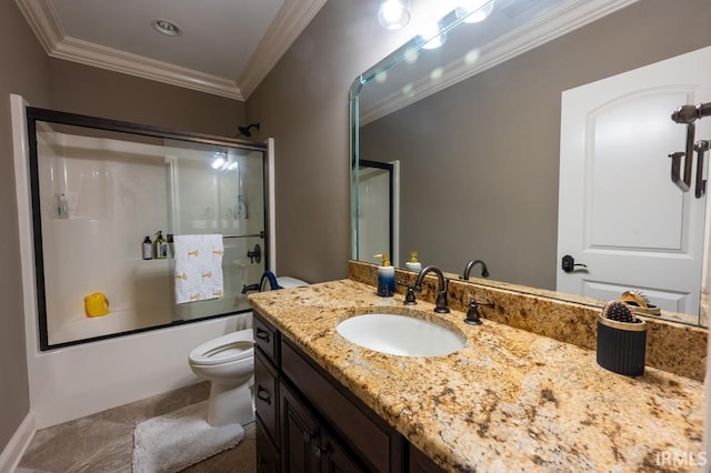 5318 Claiborn Ct, Newburgh, IN 47630 - full bathroom with toilet, ornamental molding, vanity, and bath / shower combo with glass door