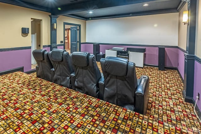 5318 Claiborn Ct, Newburgh, IN 47630 - carpeted home theater room with ornamental molding, ornate columns, and recessed lighting
