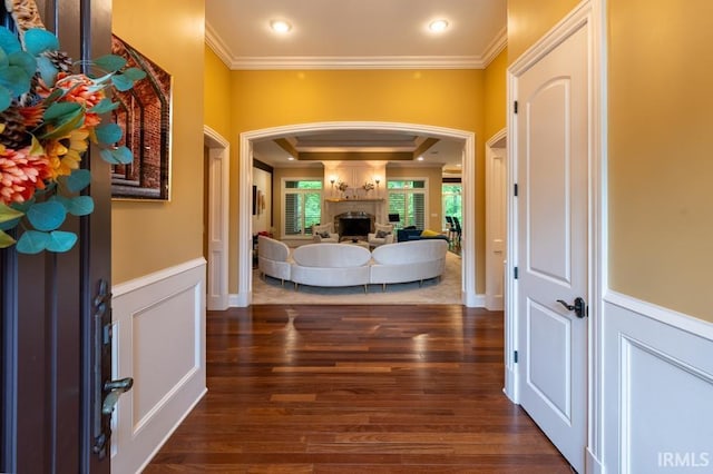 5318 Claiborn Ct, Newburgh, IN 47630 - corridor featuring arched walkways, crown molding, a wainscoted wall, and wood finished floors