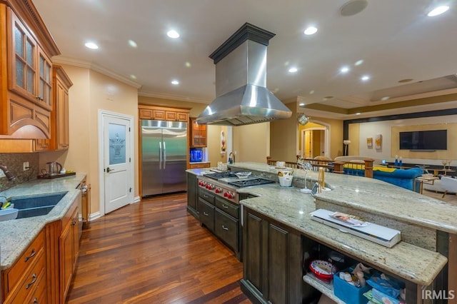 5318 Claiborn Ct, Newburgh, IN 47630 - kitchen featuring ornamental molding, light stone counters, a sink, stainless steel appliances, and dark wood-style floors