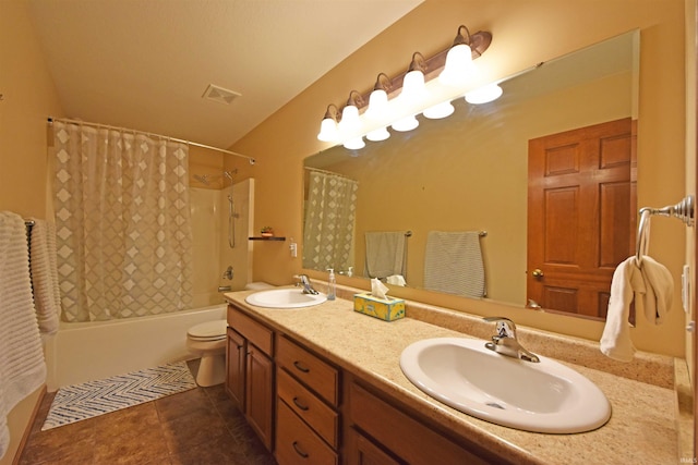 bathroom featuring double vanity, shower / bath combo with shower curtain, toilet, and a sink