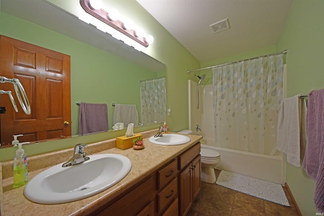 full bathroom with a sink, double vanity, shower / bathtub combination with curtain, and visible vents