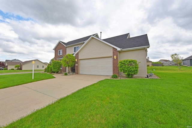 traditional home featuring a front lawn, brick siding, driveway, and a garage