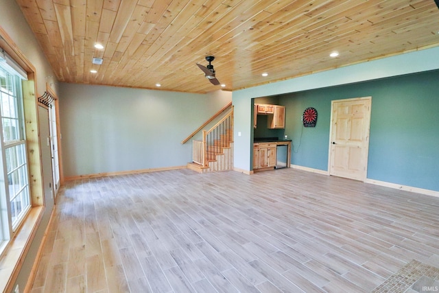 1776 N Royal Oaks Dr, Monticello, IN 47960 - unfurnished living room with recessed lighting, wood ceiling, stairway, light wood-type flooring, and baseboards
