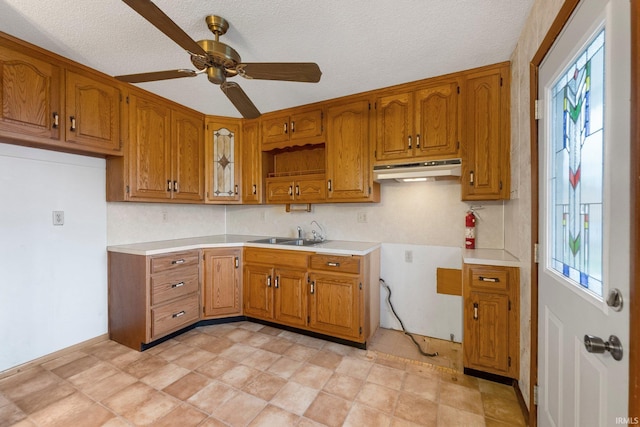 kitchen featuring brown cabinets, a sink, ceiling fan, under cabinet range hood, and a textured ceiling