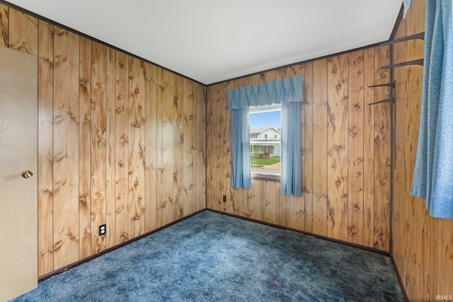 empty room with carpet, wooden walls, and baseboards