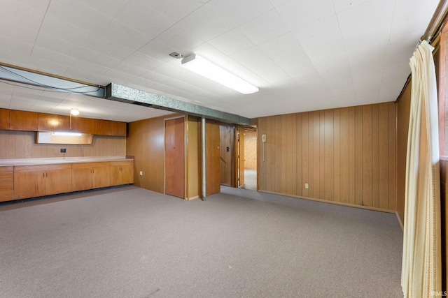 finished below grade area with wood walls and light colored carpet