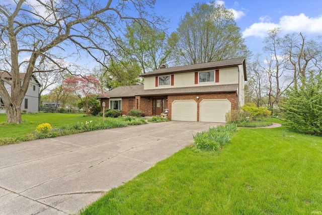 traditional-style house with an attached garage, concrete driveway, a front yard, a chimney, and brick siding