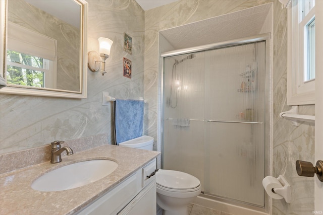 bathroom with toilet, a stall shower, and vanity