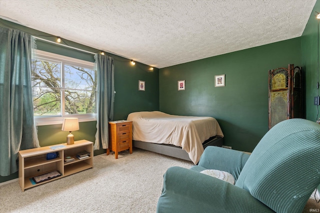 carpeted bedroom with a textured ceiling