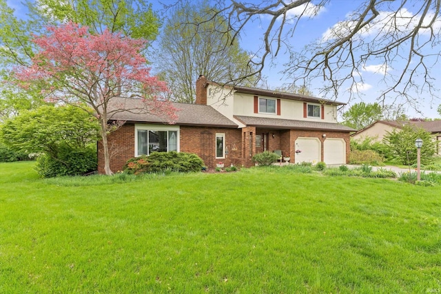 view of front of property featuring an attached garage, a front lawn, brick siding, and a chimney