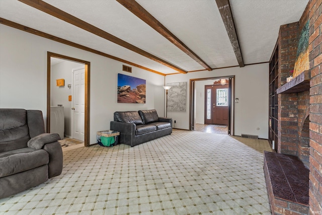 18461 Greenleaf Dr, South Bend, IN 46637 - living area featuring beam ceiling, light colored carpet, a textured ceiling, baseboards, and a brick fireplace
