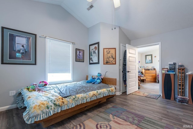4346 N Centennial Dr, Bloomington, IN 47404 - bedroom featuring vaulted ceiling, wood finished floors, baseboards, and ceiling fan
