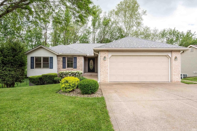 ranch-style house featuring an attached garage, concrete driveway, brick siding, a front lawn, and a shingled roof