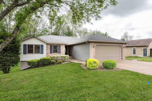 single story home featuring brick siding, a garage, driveway, and a shingled roof