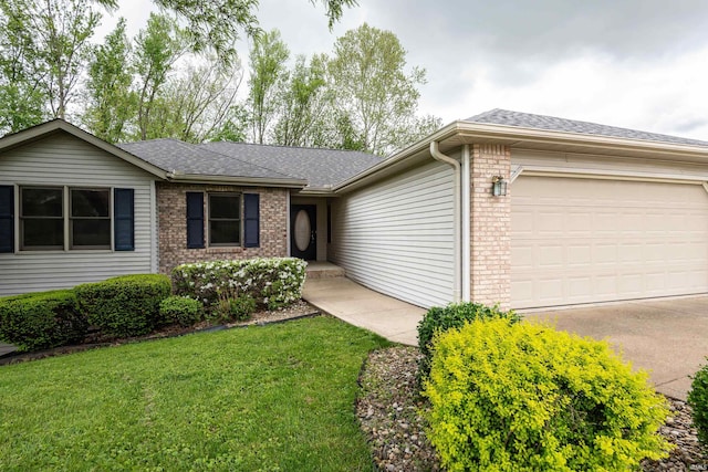 ranch-style house featuring an attached garage, driveway, roof with shingles, and brick siding