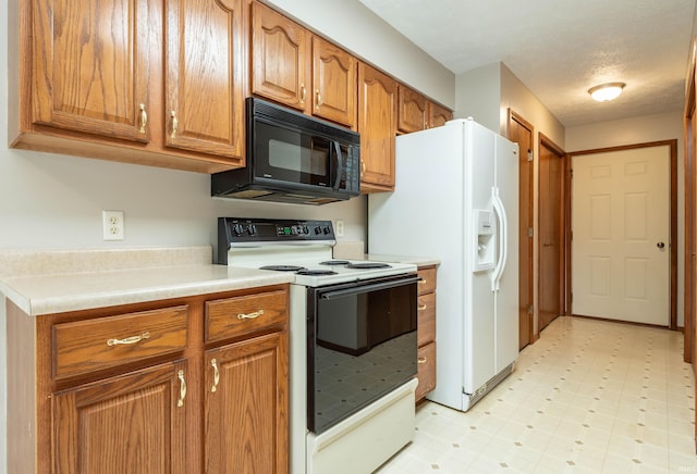 kitchen with range with electric cooktop, black microwave, white fridge with ice dispenser, brown cabinets, and light flooring
