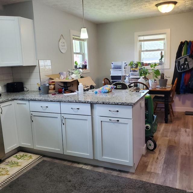 1202 Magnolia Ave, Frankfort, IN 46401 - kitchen with a peninsula, light wood-style flooring, plenty of natural light, decorative backsplash, and a textured ceiling