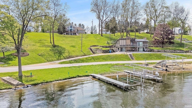 6840 S 300 E, Hamilton, IN 46742 - dock with boat lift, a water view, stairs, and a lawn