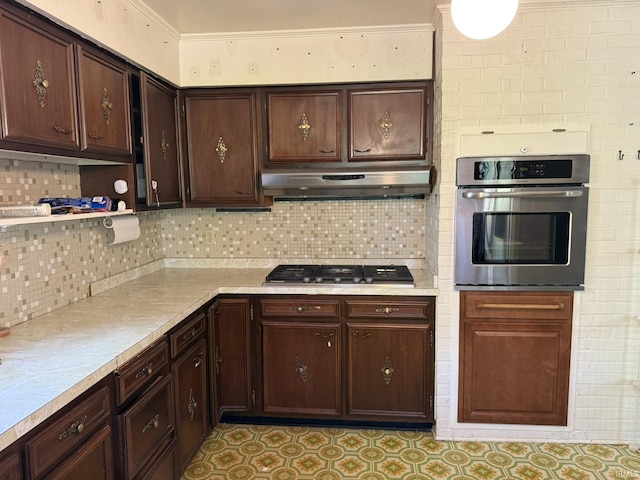 kitchen featuring stainless steel appliances, under cabinet range hood, dark brown cabinets, tasteful backsplash, and ornamental molding
