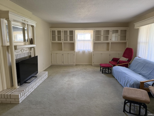 sitting room featuring light colored carpet, a textured ceiling, and crown molding