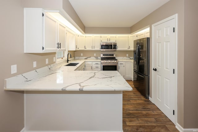 7001 Sweet Gum Ct, Fort Wayne, IN 46804 - kitchen featuring stainless steel appliances, a sink, a peninsula, light stone countertops, and dark wood-style floors
