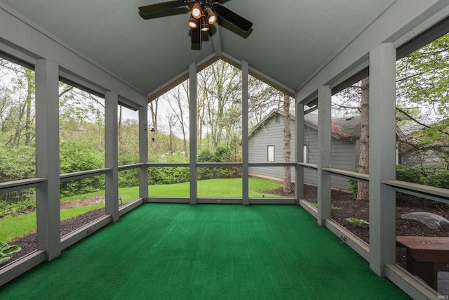 7001 Sweet Gum Ct, Fort Wayne, IN 46804 - unfurnished sunroom featuring ceiling fan, lofted ceiling, and healthy amount of natural light