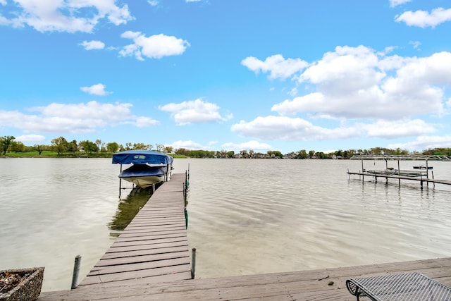 dock area featuring boat lift and a water view