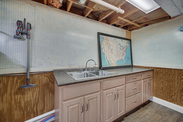 kitchen featuring a sink, dark wood-type flooring, and dark countertops