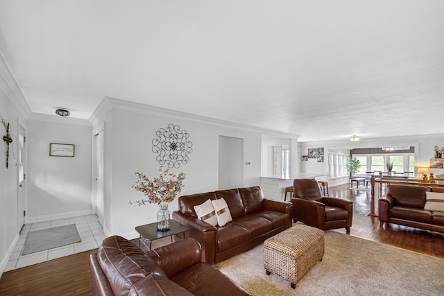 living area with ornamental molding, wood finished floors, and baseboards