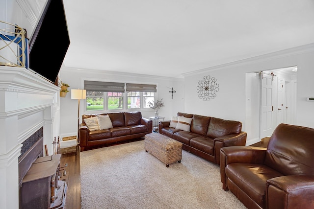 living room featuring crown molding, wood finished floors, a fireplace with flush hearth, and baseboards
