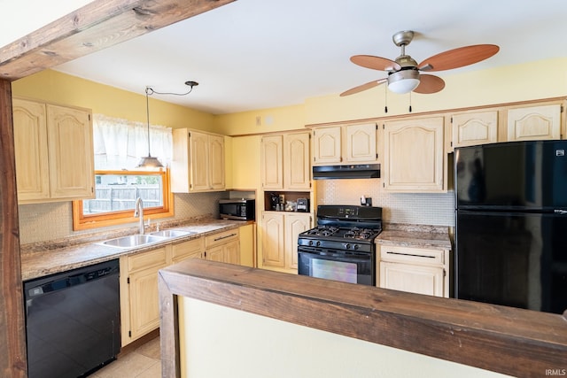 kitchen featuring black appliances, a sink, under cabinet range hood, ceiling fan, and tasteful backsplash