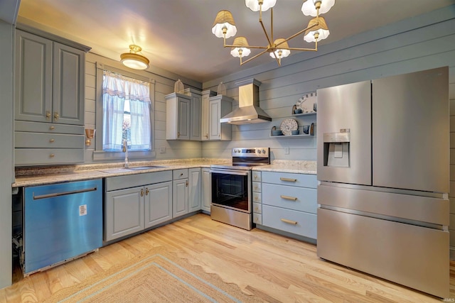 489 S Lincoln St, Orleans, IN 47452 - kitchen featuring wall chimney exhaust hood, stainless steel appliances, a sink, gray cabinetry, and wood walls