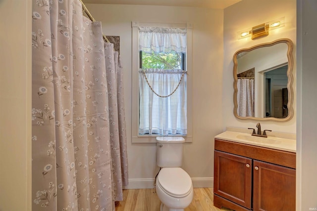 489 S Lincoln St, Orleans, IN 47452 - bathroom with wood finished floors, toilet, vanity, baseboards, and a shower with shower curtain