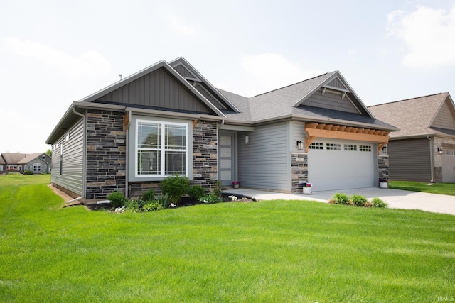 craftsman inspired home with stone siding, an attached garage, a front lawn, board and batten siding, and concrete driveway