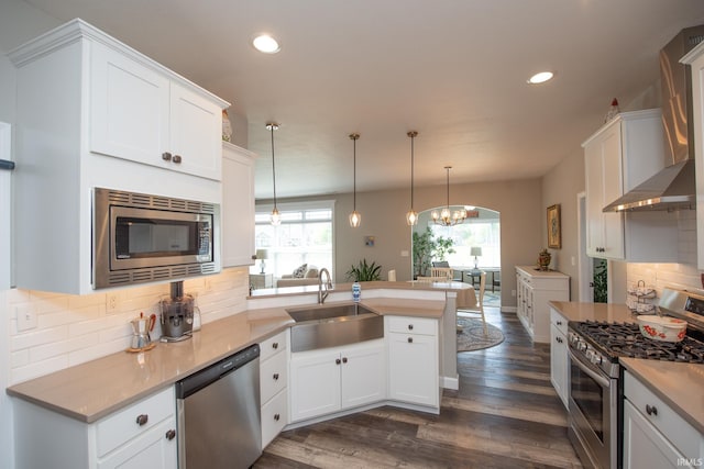 kitchen with stainless steel appliances, a peninsula, a sink, wall chimney range hood, and healthy amount of natural light