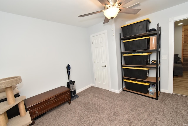 bedroom with carpet flooring, baseboards, and ceiling fan