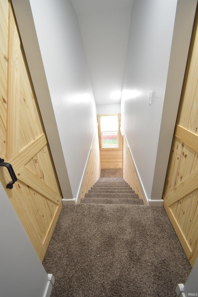 stairway featuring carpet flooring, a wainscoted wall, and baseboards