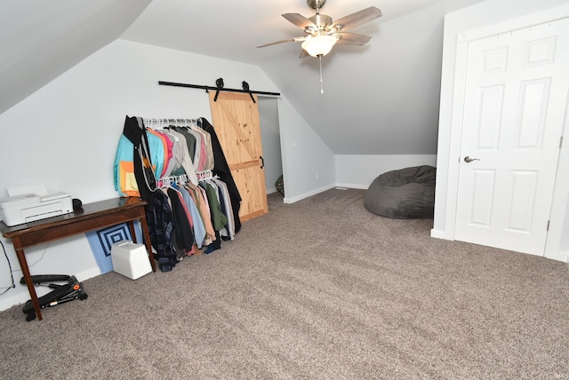 additional living space featuring ceiling fan, carpet, vaulted ceiling, and baseboards