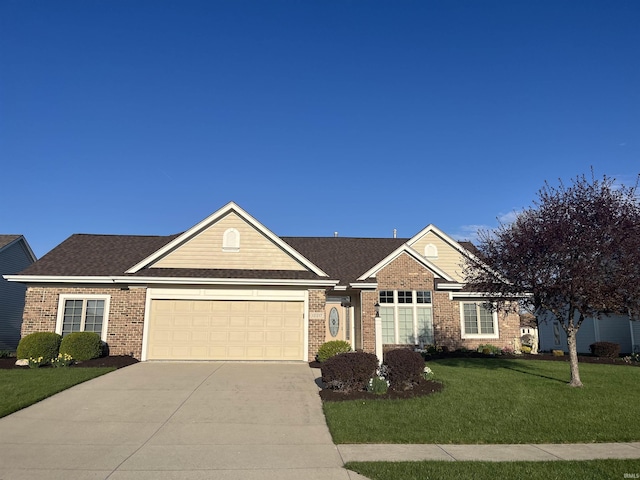 12217 Harvest Bay Dr, Fort Wayne, IN 46845 - view of front of home featuring driveway, a front yard, a garage, brick siding, and a shingled roof