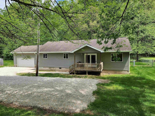 view of front of house with driveway, crawl space, a front yard, a garage, and a deck