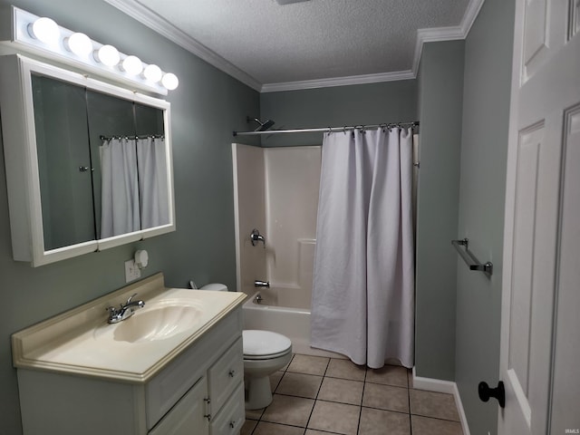 bathroom featuring vanity, a textured ceiling, tile patterned floors, toilet, and ornamental molding