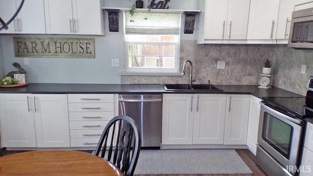 kitchen featuring appliances with stainless steel finishes, a sink, white cabinets, and dark countertops