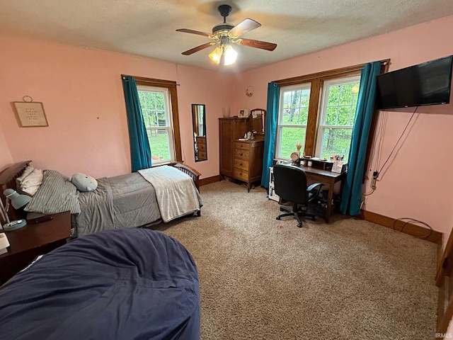 110 W Elnora St, Odon, IN 47562 - bedroom with multiple windows, light colored carpet, ceiling fan, baseboards, and a textured ceiling
