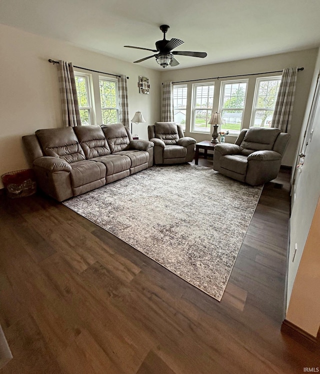 110 W Elnora St, Odon, IN 47562 - living room with dark wood-style flooring, healthy amount of natural light, and ceiling fan