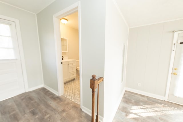 hall featuring wood finished floors, healthy amount of natural light, baseboards, and an upstairs landing
