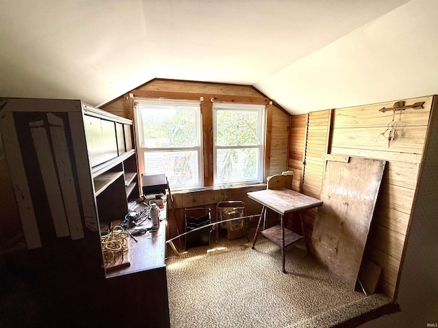 219 W Boone St, Gentryville, IN 47537 - home office with wood walls, lofted ceiling, and carpet flooring