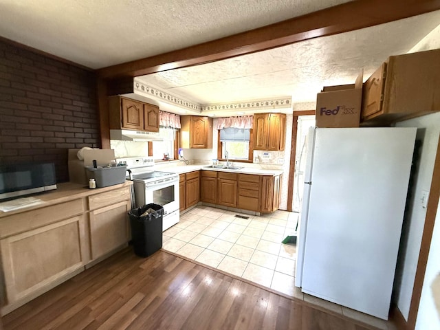 219 W Boone St, Gentryville, IN 47537 - kitchen with white appliances, a sink, under cabinet range hood, light countertops, and a textured ceiling