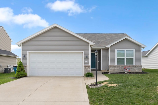 13726 Hamilton Meadows Ln, Fort Wayne, IN 46814 - ranch-style house with a front lawn, central AC unit, concrete driveway, a garage, and a shingled roof