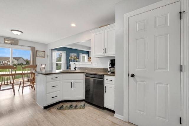 13726 Hamilton Meadows Ln, Fort Wayne, IN 46814 - kitchen featuring dishwashing machine, a sink, dark countertops, white cabinets, and recessed lighting